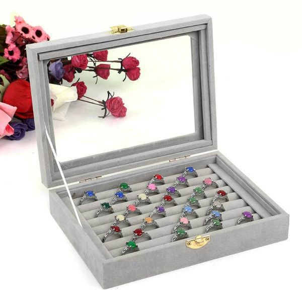 

gray velvet glass jewelry box rings necklaces storage display box makeup holder case organizer ear studs jewelery storage, Pink;blue