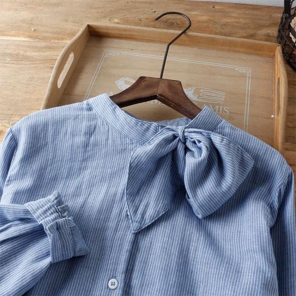 

korean bow collar pinstripe shirt cotton double yarn autumn and winter shirt w43311, White