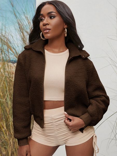 

sxy solid zip-up hooded teddy jacket r3sw#, Black;brown