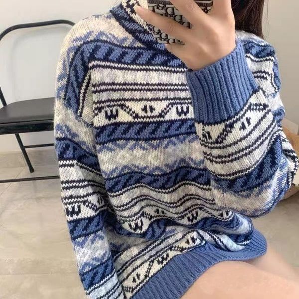 

women sweater 2020 autumn and winter personality geometric retro jacquard loose round neck sweater women's top, White;black