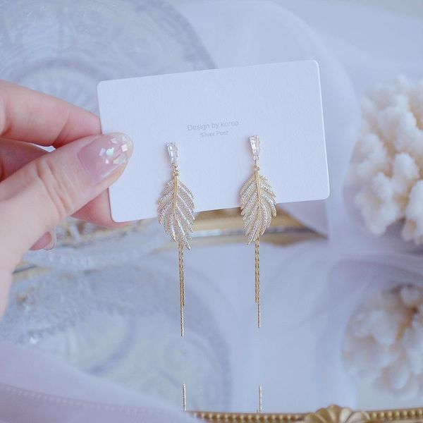 

stud exquisite design gold leaf tassel earring for women 14k real micro pave zircon bohemia jewelry accessories, Golden;silver
