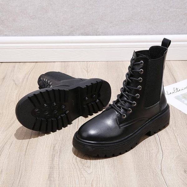 

boots women new 2020 shoes flat heel lace up round toe luxury designer summer booties rock rubber autumn ankle fashion1, Black