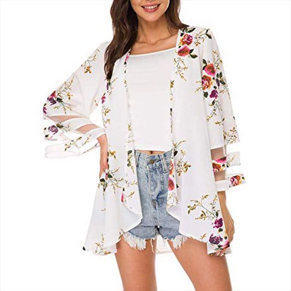 

vintage women cardigan casual chiffon kimono ladies flora printed blouse summer long crochet kimono preto 2020 loose d2, White