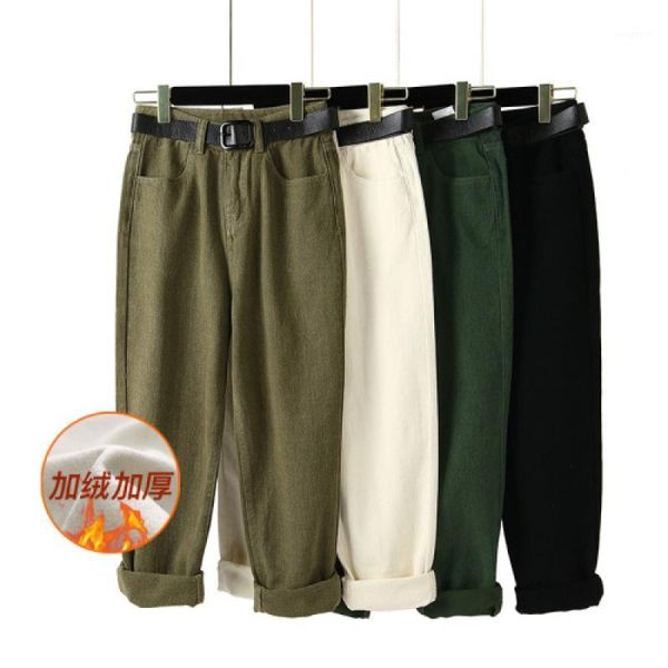 

pants solid green denim capris 2020 vintage high waist thick velvet pants korean woman loose jeans1, Blue