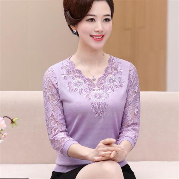 

весна женщин среднего возраста свитер тонкий пуловер три четверти рукава кружева рукава и кружева шеи матери тонкий свитер, White;black