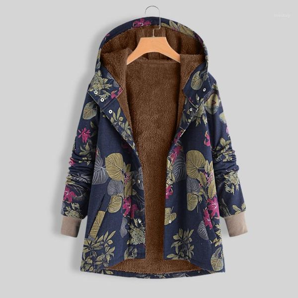 

plus size winter long coat women floral print warm plush hooded coat outwear vintage buttons female casual oversize coats1, Black