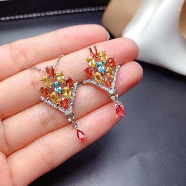 

natural Multicolor sapphire Ring necklace Natural Gemstone Jewelry Set S925 Silver elegant Tassels water drop girl party jewelry1, Black