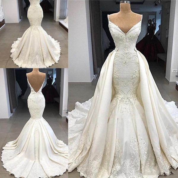 

dubai arabic luxury gorgeous mermaid wedding dresses with detachable train lace applique illusion high waist bridal wedding dress, White