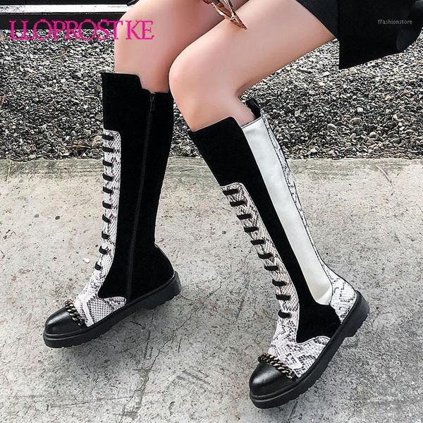 

boots lloprost ke 2021 big size 34-43 women knee high snake chain autumn winter zip fashion low heels punk shoes female1, Black