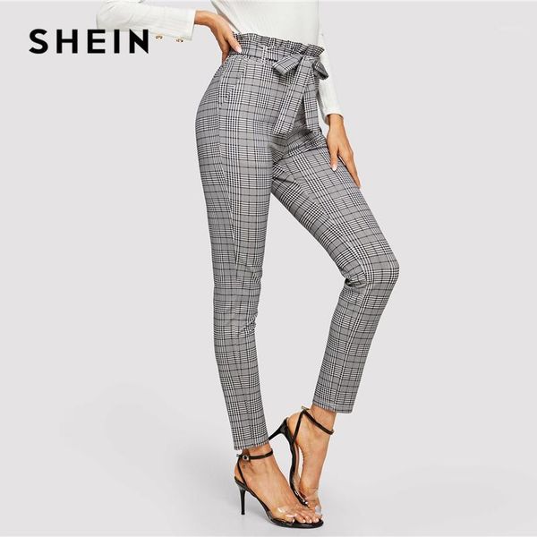

shein grey paperbag waist plaid cigarette pants belted high waist pencil pants women spring casual office lady workwear trousers1, Black;white