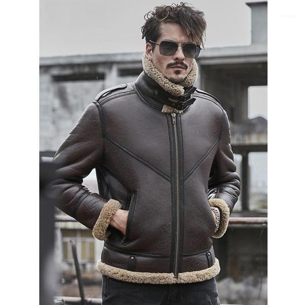 

shearling coat mens brown b3 bomber jacket leather jacket 2019 new mens winter coats short fur1, Black