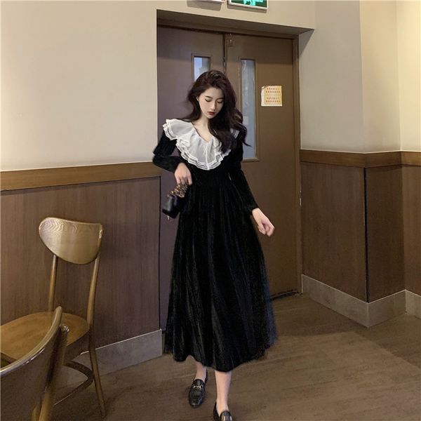 

2021 new autumn spring vintage black women night in elegant sleeves long waist high plus size dress harajuku 4bxr, Black;gray
