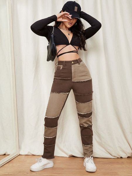 

colorblock raw hem jeans z5sl#, Blue