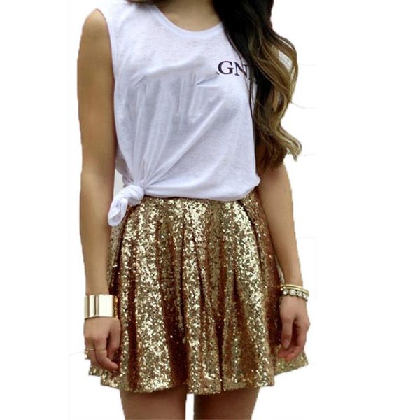

skirts women's fashion high waist pleated solid color short skirt loose beach gold sequin summer seaside, Black