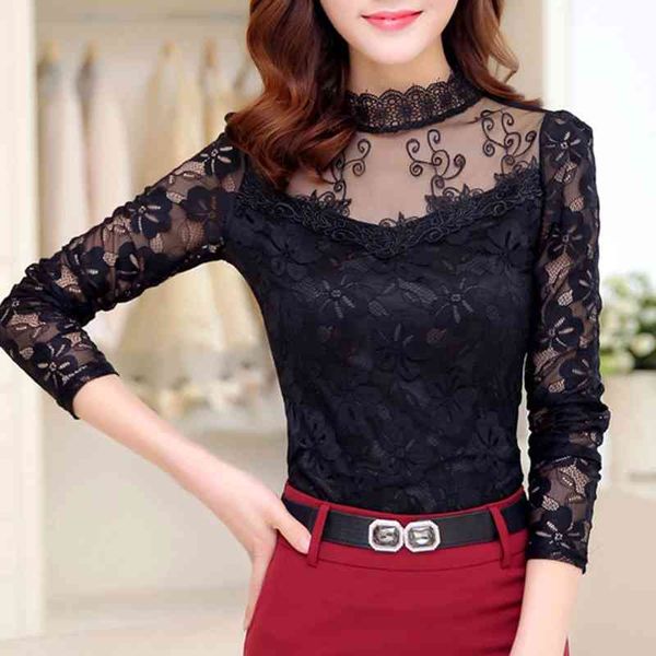 

blouse women fashion solid color floral lace perspective long sleeve bomen shirt slim blouse blusas, White