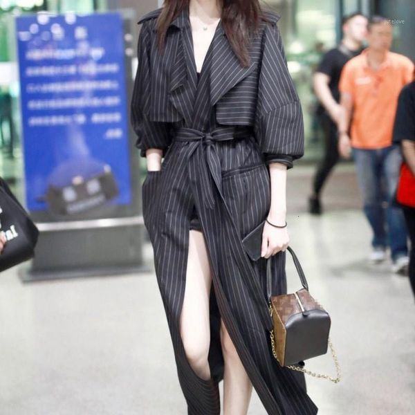 

brand fashion women super long trench coat 2020 runway striped outwear windbreaker female belted high street loose trench coats1, Tan;black