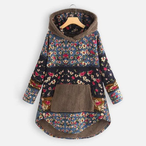 

women's hoodies & sweatshirts 2021 plus size zanzea winter fleece sweatshirt women casual hooded long sleeve bohemian printed pacthwork, Black
