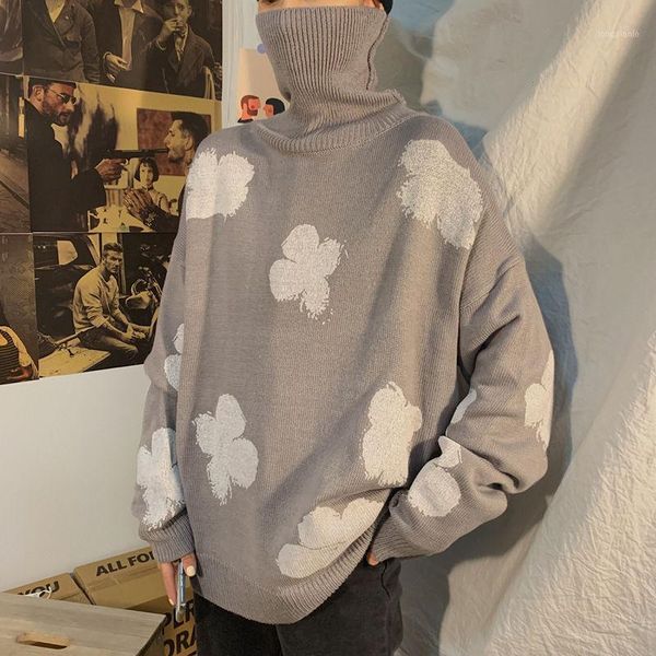 

2020 autumn new youth popular couple simple personality printing high neck loose knit sweater fashion casual bottoming pullover1, White;black
