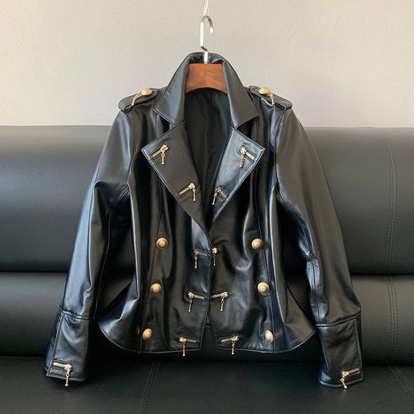 

real leather jacket coat women zippers genuine leather sheepskin motorcycle fashion designer ladies plus size, Black