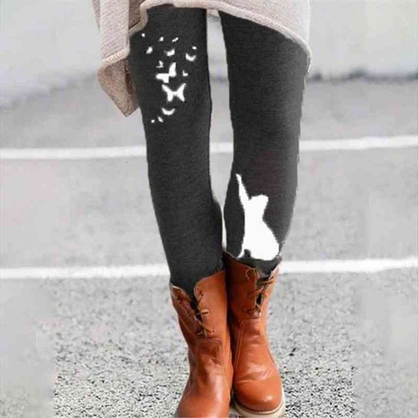 

women casual elastic waistband cats butterflies print leggings long skinny pants, Black