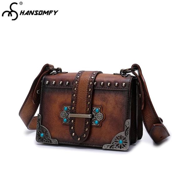 

2020 vintage rivet women small bag shoulder strap square crossbody bags more compartment fashion wild messenger leather female
