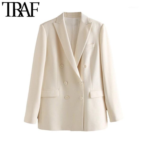 

traf women fashion office wear double breasted blazer coat vintage long sleeve pockets female outerwear chic 1, White;black