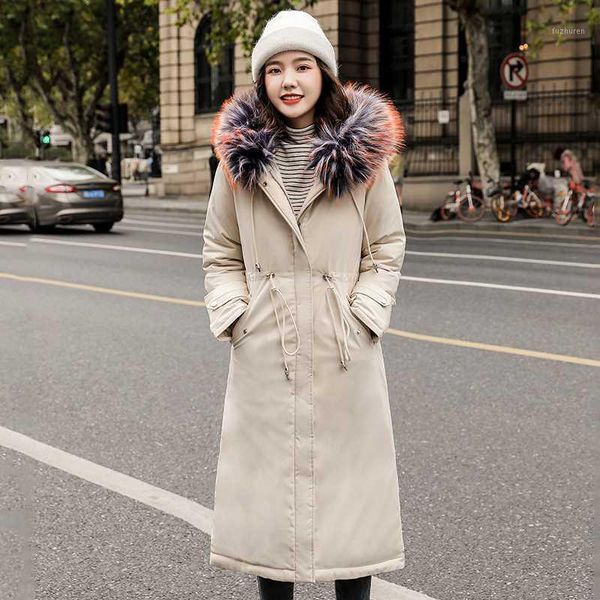 

plus size long jacket for women 2020 winter parka mujer hooded with fur collar korean style slim warm coat femme mujer chaqueta1, Black