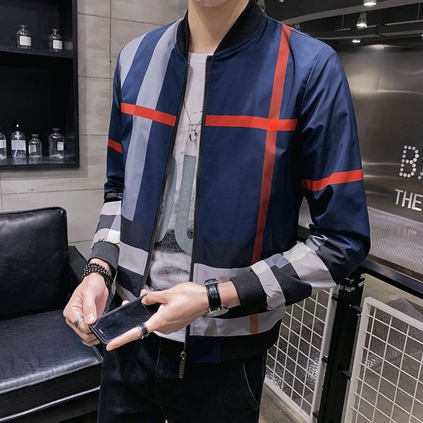 

2020 new men's korean baseball collar slim plaid youth casual jacket, Black;brown