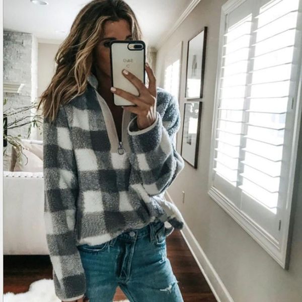 

2021 women sweatshirt autumn winter classic plaid long sleeve crop high collar zipper vintage fashion streetwear clothes1, White;black