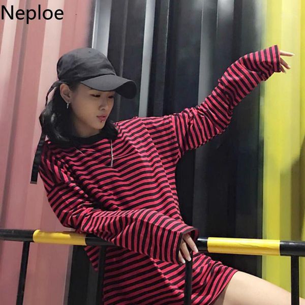 

neploe korean loose wild mid long lovers t shirt o neck fashion striped student tees autumn simple soft cotton 458771, White