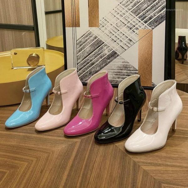 

cut out women ankle boots sweet ankle strap patent leather pumps high heels ladies pointed toe casual dress shoes1, Black