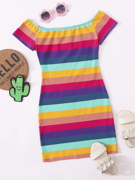 

girls rainbow striped dress she, Red;yellow