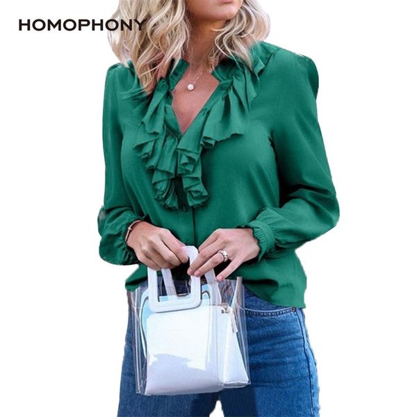 Omofonia Donna Camicetta Elegante Moda Ruffles Solid Scollo a V Vintage Donna Top Manica lunga Primavera ed Estate Office Lady LJ200810