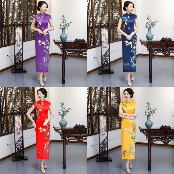 

spring 2019 new improved wedding cheongsam cheongsamdress silk print daily improved cheongsam long wedding dress bvcui, Black;gray