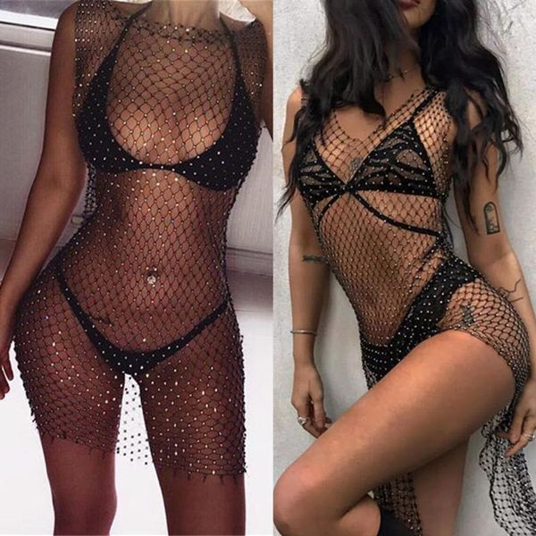 New Summer Moda Mulheres Lace Fishnet Bikini Cobertura Ups Hot Diamante Sexy Líquido Roupas De Swimwear Banheira Terno Praia Vestido1