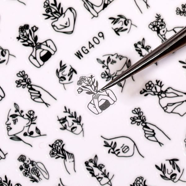 

1pc 3d nail sticker stick figure woman face pattern special transfer picture flowers sliders sticker diy nail art decoration, Black