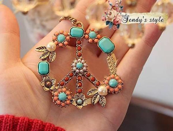 

long chain choker pendants peace symbol pendant necklace anti-war flower necklace, Silver