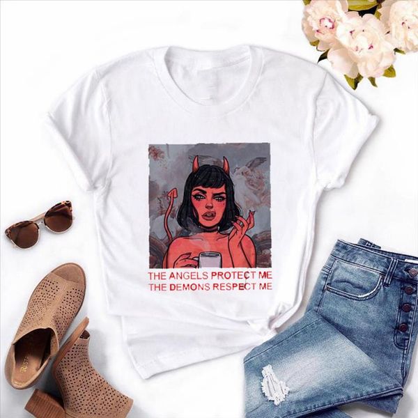 

women demon funny t shirts 2021 new summer ulzzang femme tee vintage harajuku tshirt 90s girl graphic t shirt drop shipping, White