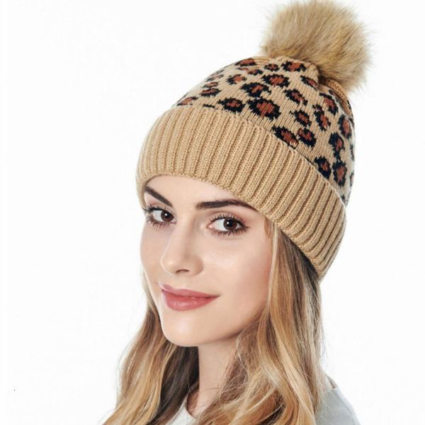 

leopard print wool knitted hat for women autumn winter fashion warmth oversized hair ball fashion thick warm beanie hat pompom, Blue;gray