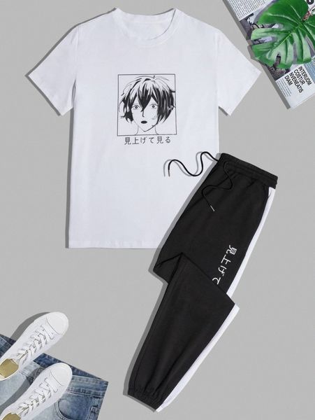

men japanese letter & figure graphic tee & drawstring waist sweatpants n690#, Gray