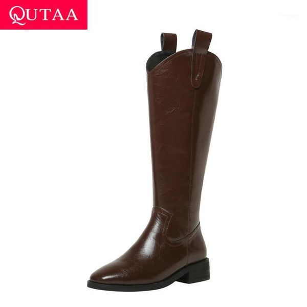 

qutaa 2021 autumn winter square toe mid calf boots zipper pu leather long boots square high heel casual women shoes size 34-401, Black