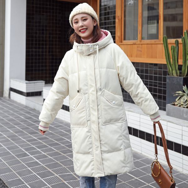 

corduroy padded jacket women's winter new thick down cotton outwear korean fresh beautiful hooded long parkas coat feminine f51, Black