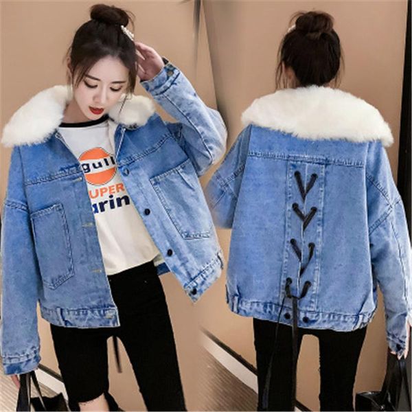 

women's down & parkas 2021 winter fashion fur collar long-sleeved plus velvet denim jacket women loose thick warm short cotton coat tre, Black