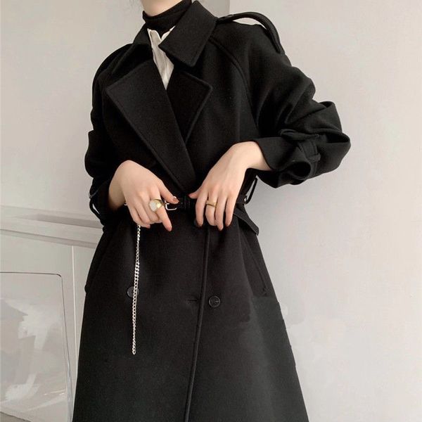 

wool 2021 new double breasted belt mixtures warm winter jackets female long coats fpj6, Black