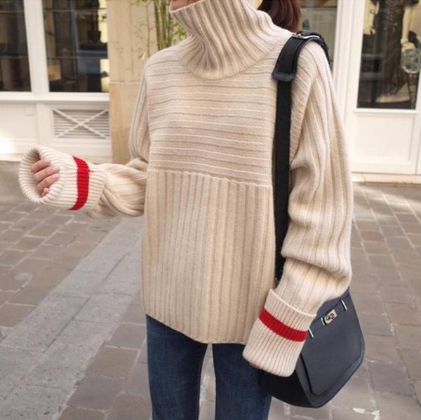 

2020 winter solid color stripe turtleneck sweater thickening womens sweaters and pullovers womans, White;black