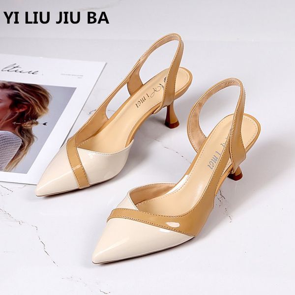 

summer spring classic women sandals pu leather pointed toe mid heel sandals fashion wedding dress shoes women **530 y200702, Black