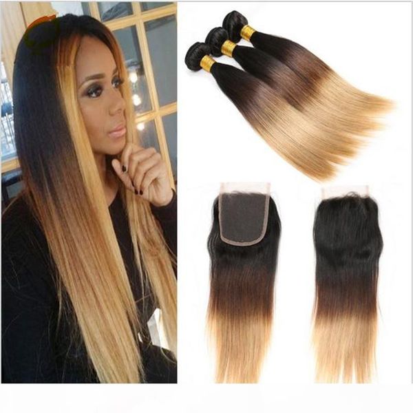 

1b 4 27 honey blonde ombre malaysian silky straight human hair with lace closure 4pcs lot two tone 3bundles malaysian hair with closure, Black