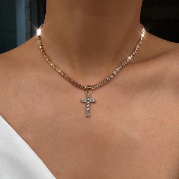 

pendant necklaces lacteo shiny crystal cross necklace fashion summer beach rhineatone clavicle chain charm jewelry female gifts, Silver