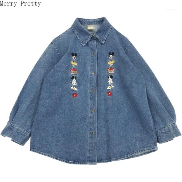 

women cartoon embroidery denim shirt blouse 2020 spring casual turndown collar long sleeve cotton shirt fashion sweet style 1, White