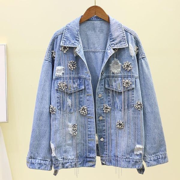 

spring new women bling diamonds tassels denim jacket hole ripped hip hop baggy female outerwear loose fit coats1, Black;brown